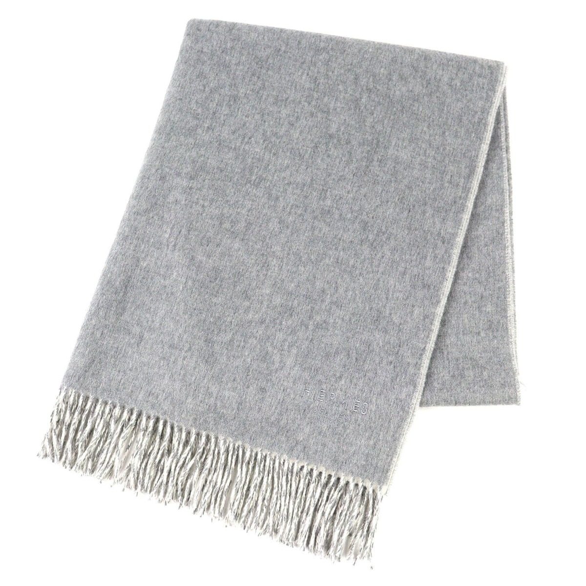 Hermes Cashmere Logo Embroidery Double Face Fringe Scarf Shawl Gray