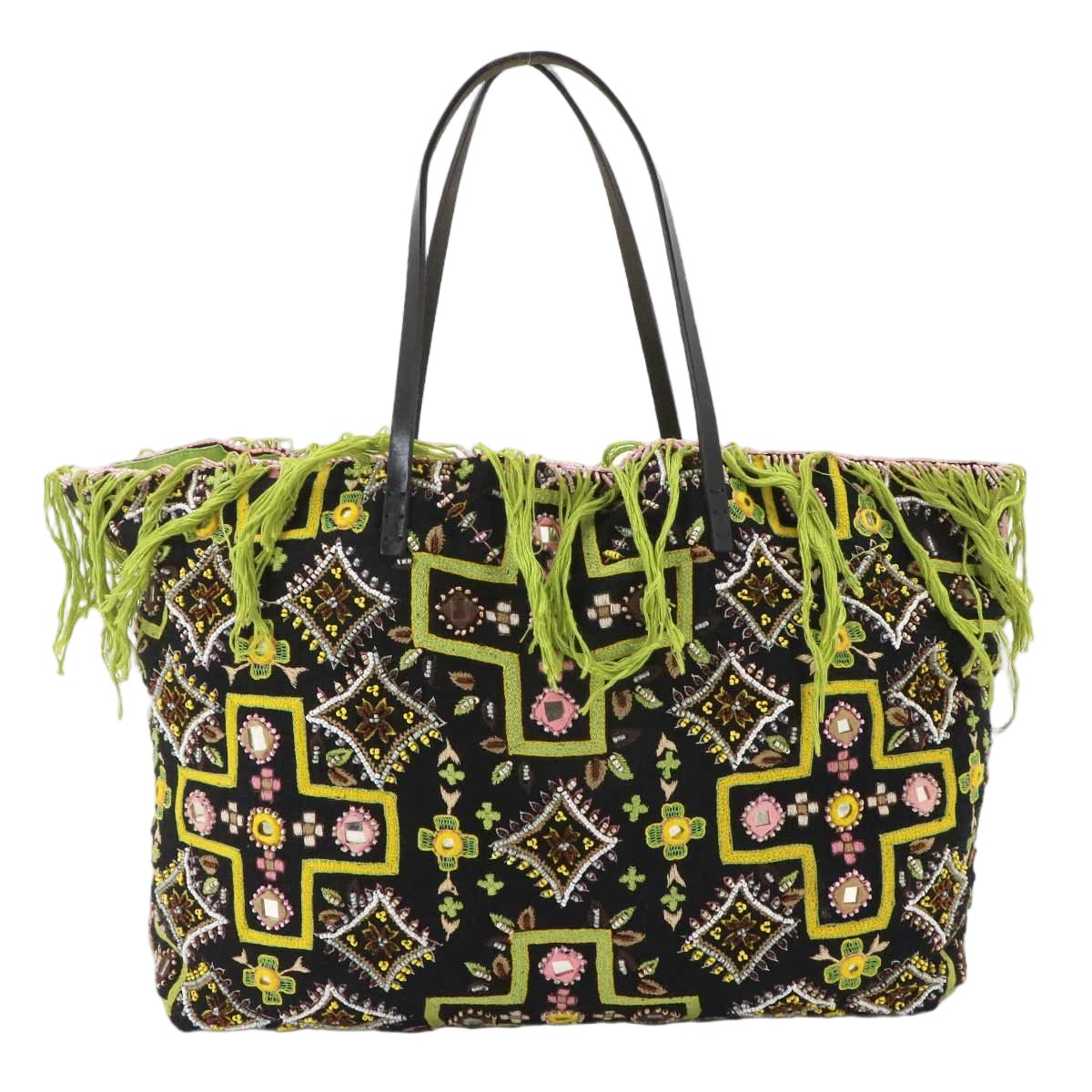 Fendi Beads Embroidery Tote Canvas Leather Multicolor Silver