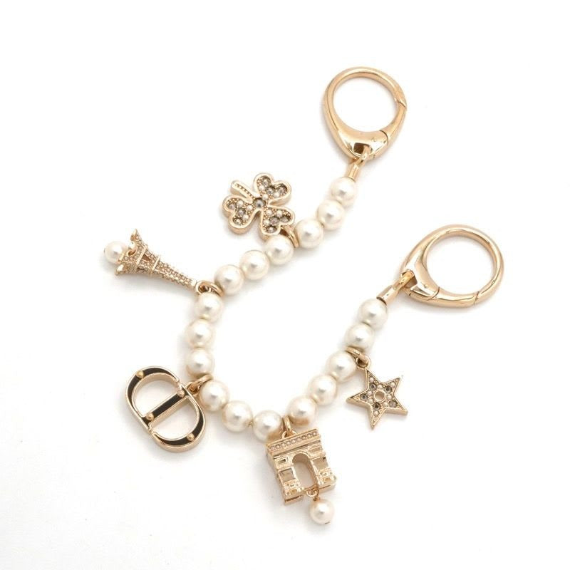 Christian Dior Charm Gold Logo Pearl Rhinestone Clover Star