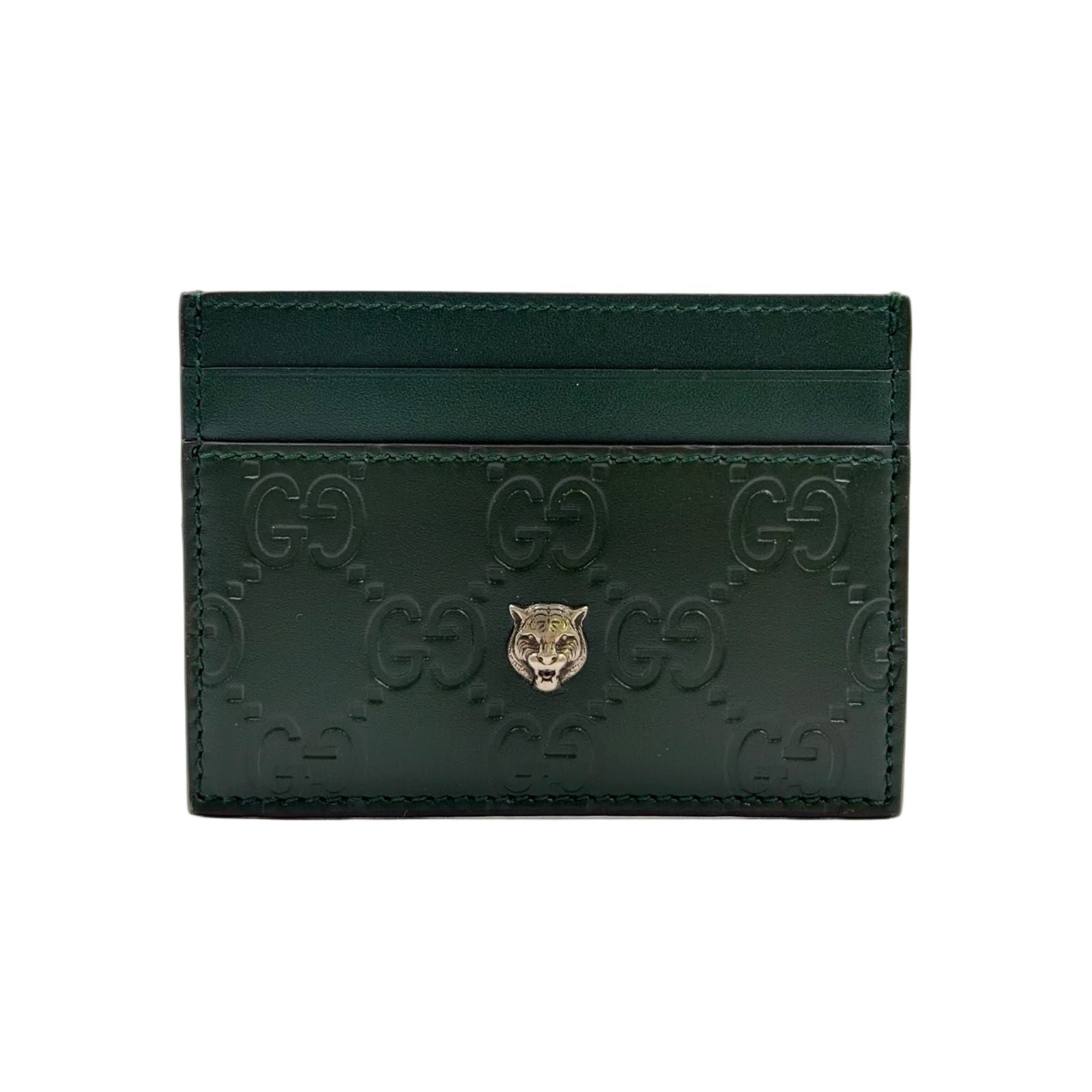 Gucci Tiger Metal Details Guccissima Leather Dark Green Card Case Gold
