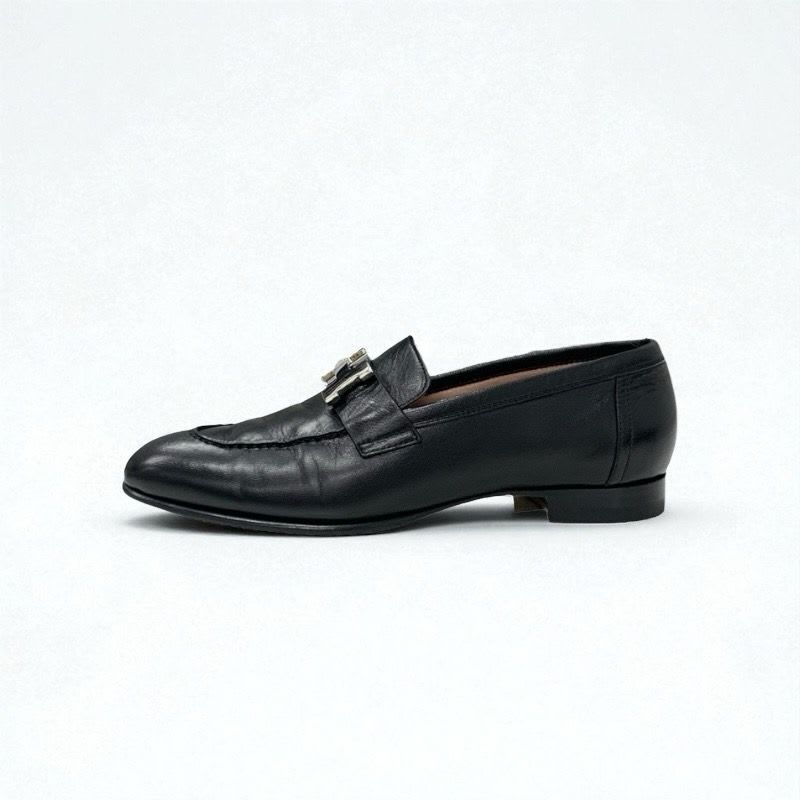 Hermes Paris Loafer Leather Shoes Black Silver Hhardware Moccasin Flat — view 3