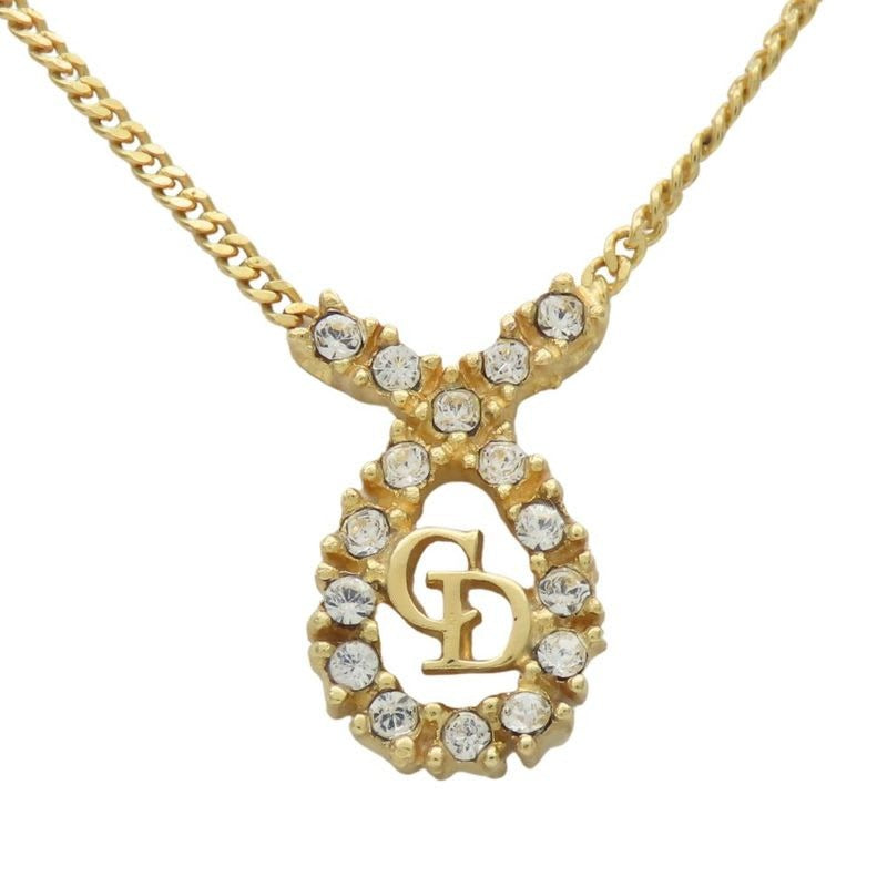 Christian Dior Necklace CD Logo Metal Rhinestone Gold Plated GP Accessories
