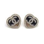 Chanel Heart Earrings CC Logo Rhinestone Gold Black