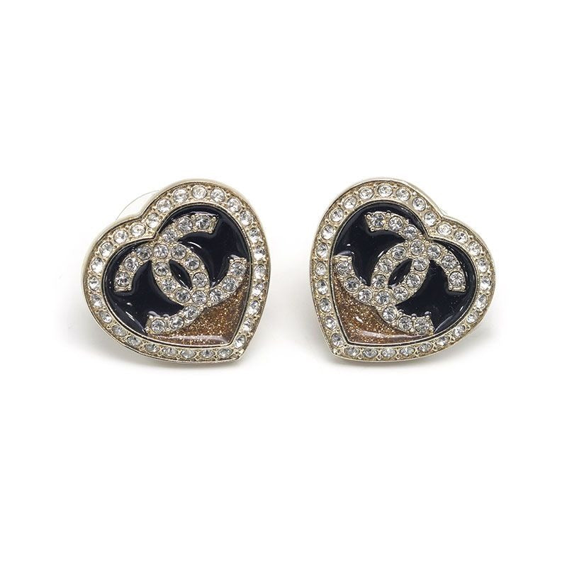 Chanel Heart Earrings CC Logo Rhinestone Gold Black