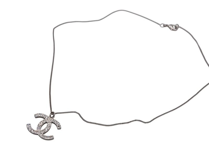 Chanel CC Logo Square Rhinestone Necklace 09 50 Silver Metal
