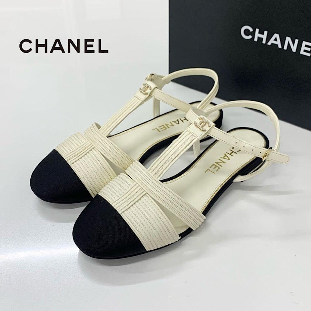 Chanel CC Logo Pearl Leather Fabric Strap Flat Shoes