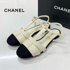 Chanel CC Logo Pearl Leather Fabric Strap Flat Shoes