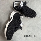 Chanel Coco Mark Sneakers Suede Mesh Logo Black White 38