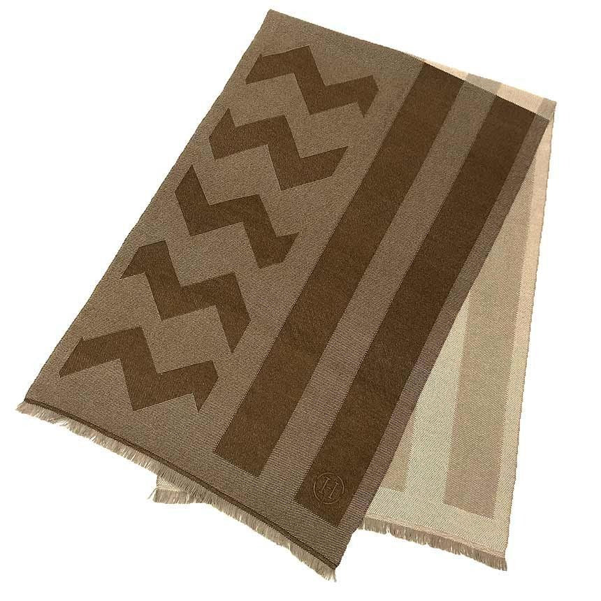 Hermes Cashmere Shawl Ikat Geometric Pattern Brown