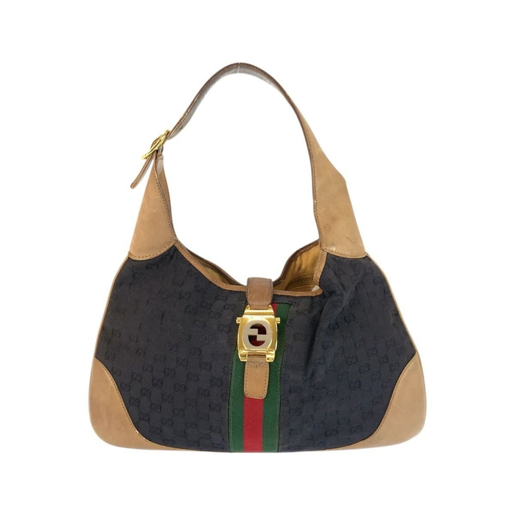 Gucci Sherry Line Black Brown Gold GG Canvas Leather Shoulder Bag Hobo