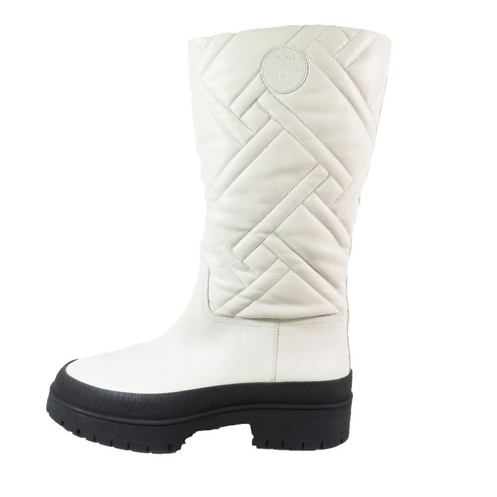 Hermes Leather Long Boots Exlibris Quilted Logo Shoes Ivory