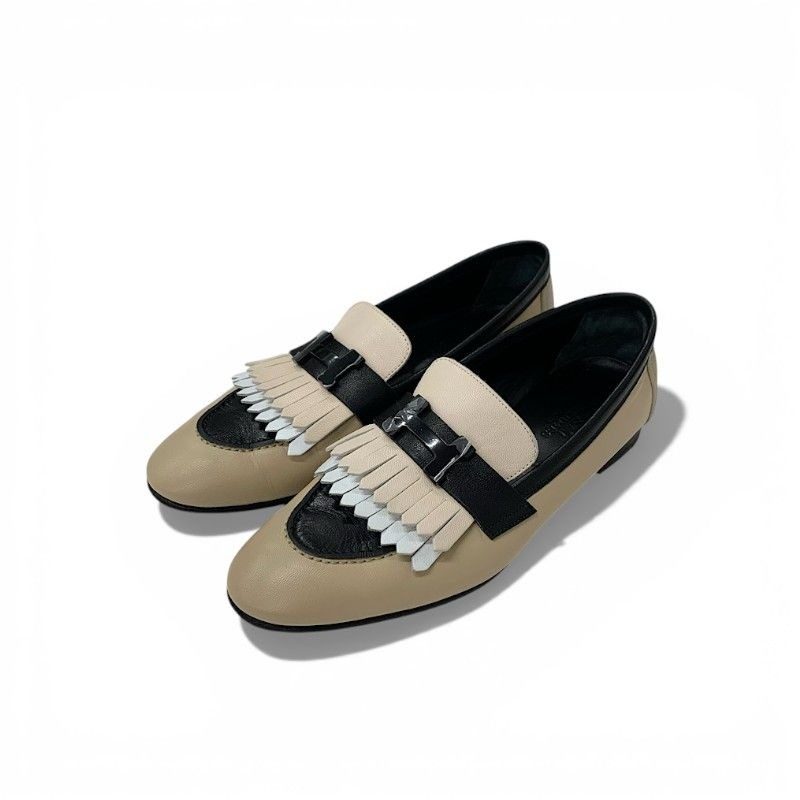 Hermes Royal Loafers Leather Shoes Beige Black White Hhardware Constance Fringe