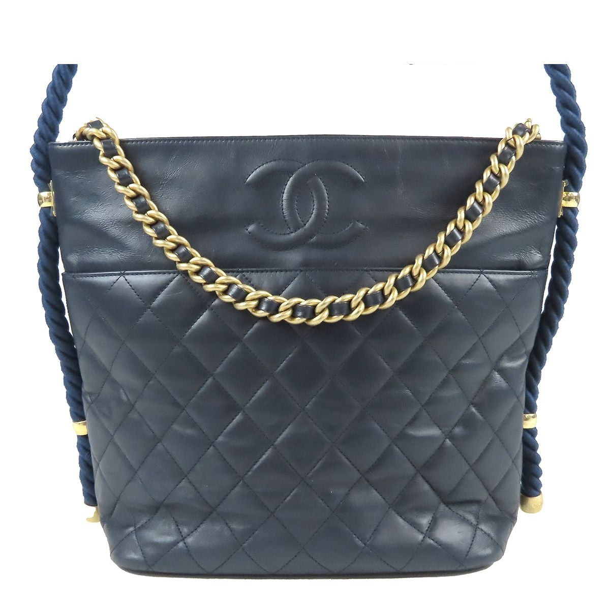 Chanel Quilted Rope Handle Navy Gold Leather 2-Way Tote Shoulder Bag