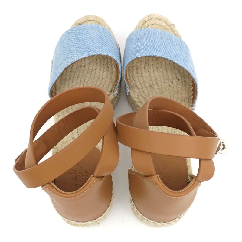 Hermes Espadrilles Tivoli Wedge Sole Sandals Blue Brown 37 — view 7