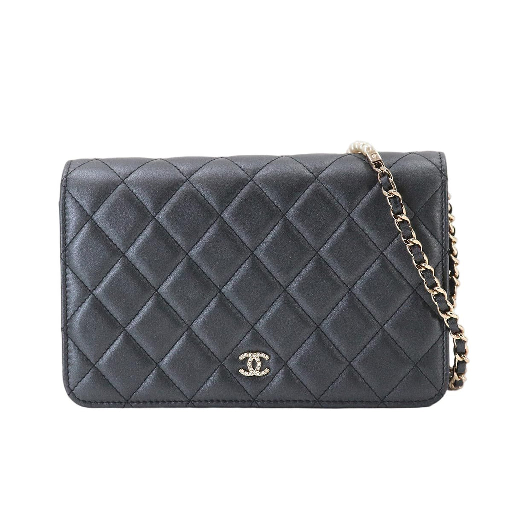 Chanel Quilted Chain Wallet Lambskin Metallicgray Gold Shoulder