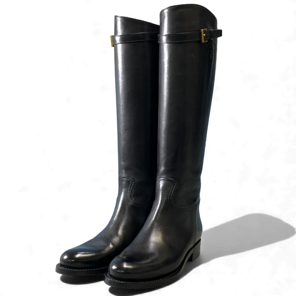 Prada Embossed Logo Long Boots with Buckle Strap 38 Black Leather Shoes Middle — view 2