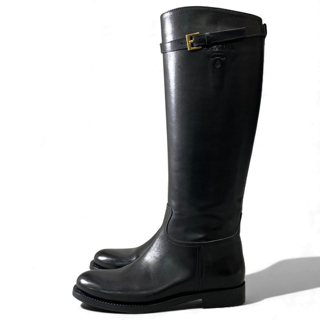Prada Embossed Logo Long Boots with Buckle Strap 38 Black Leather Shoes Middle — view 3