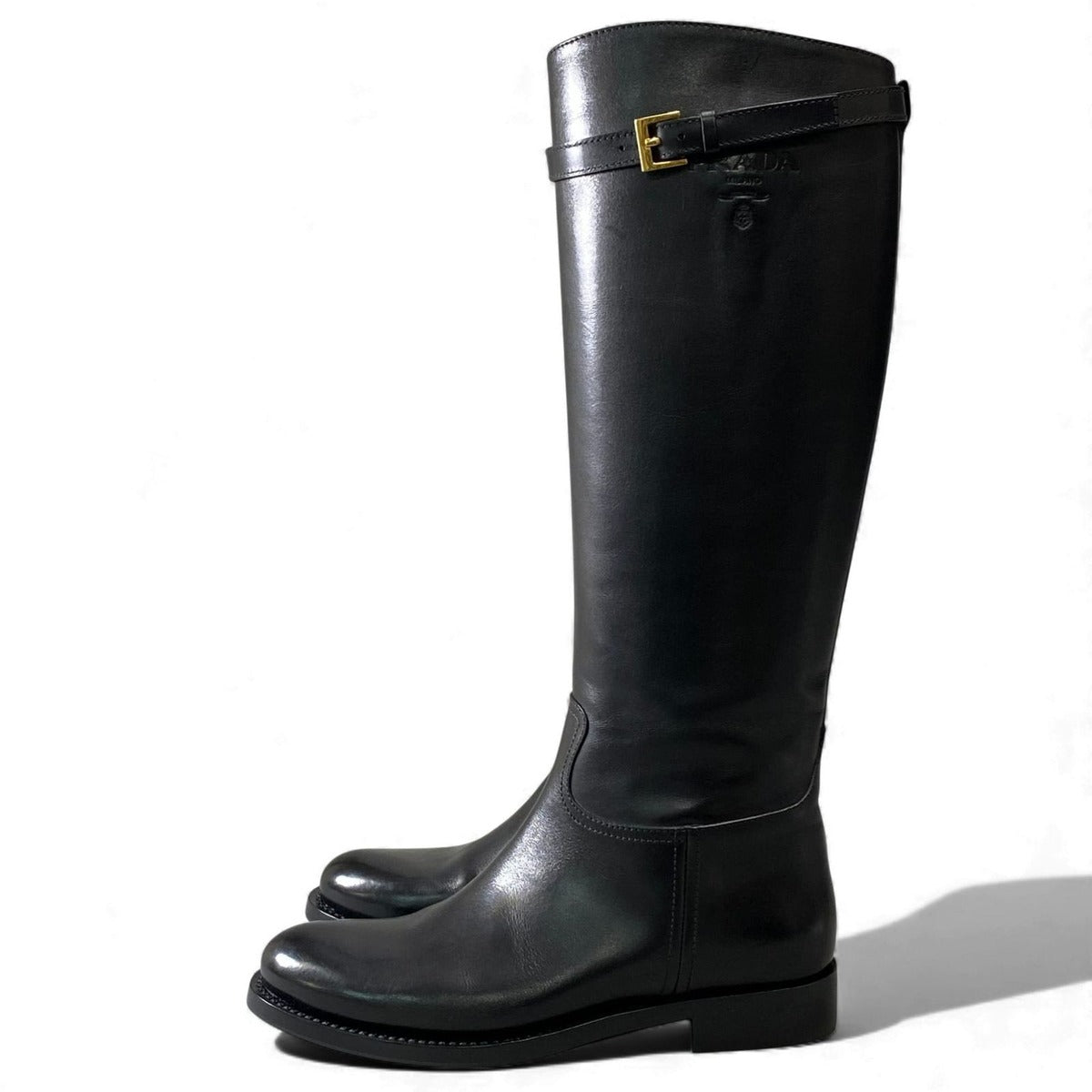 Prada Embossed Logo Long Boots with Buckle Strap 38 Black Leather Shoes Middle — view 3