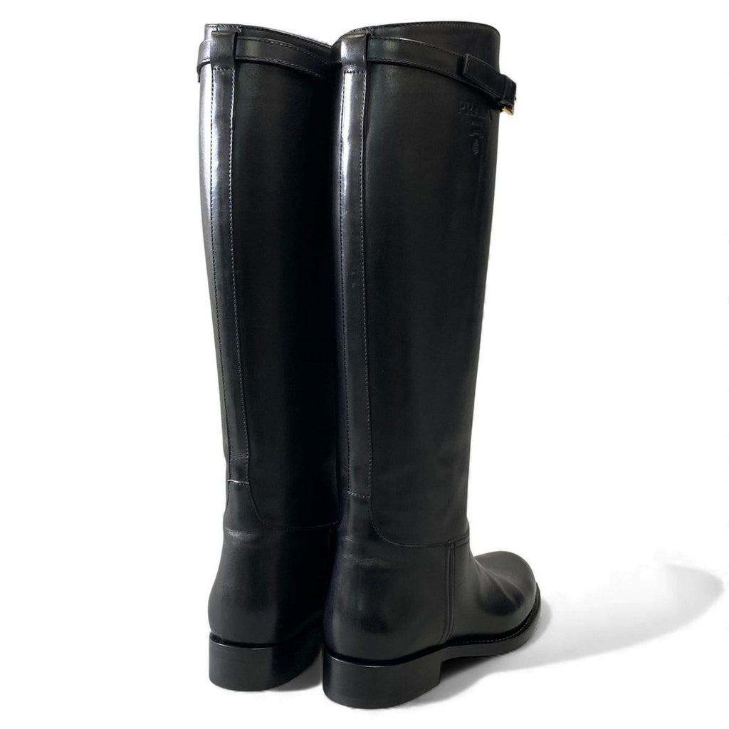 Prada Embossed Logo Long Boots with Buckle Strap 38 Black Leather Shoes Middle — view 4