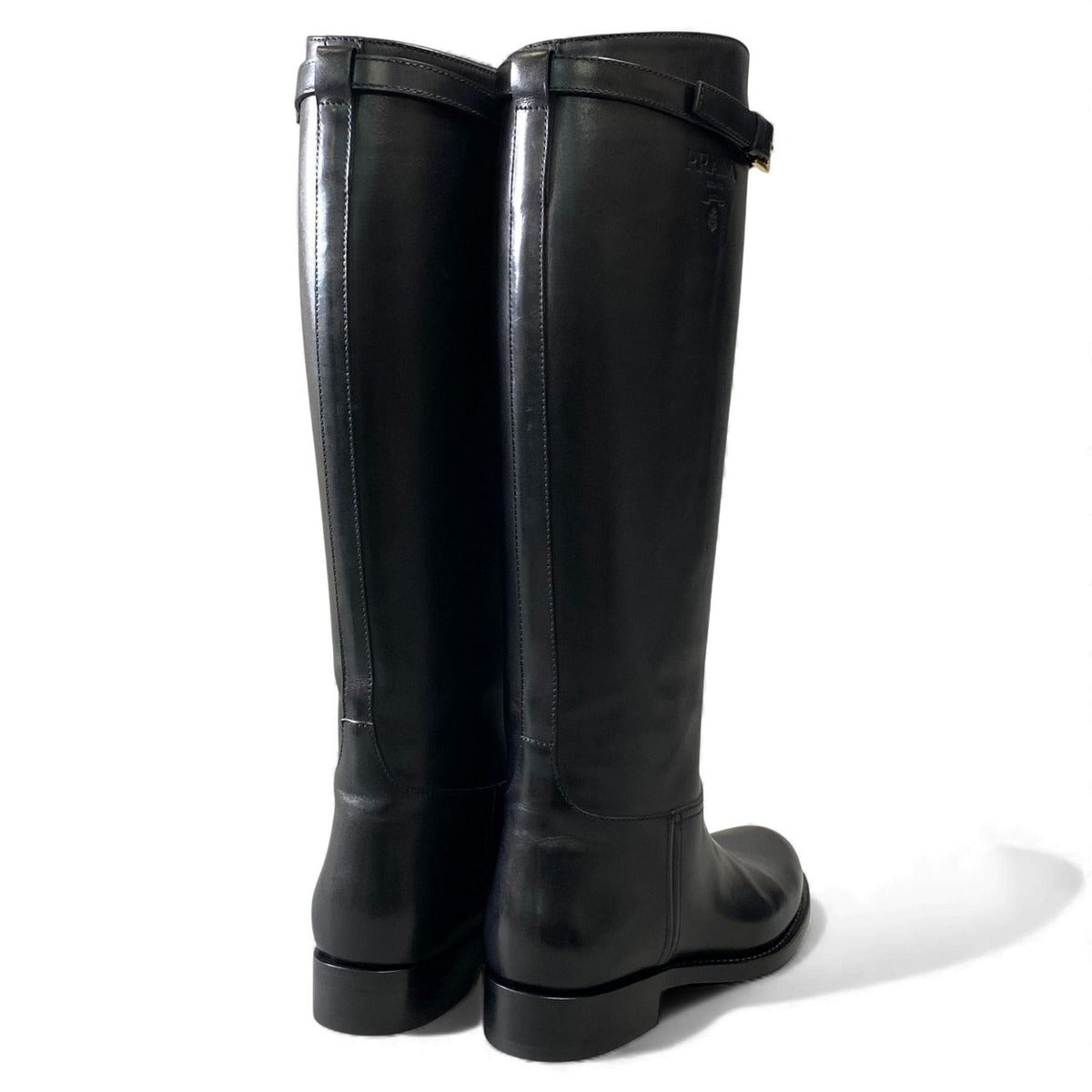 Prada Embossed Logo Long Boots with Buckle Strap 38 Black Leather Shoes Middle — view 4