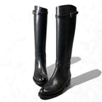 Prada Embossed Logo Long Boots with Buckle Strap 38 Black Leather Shoes Middle — view 5