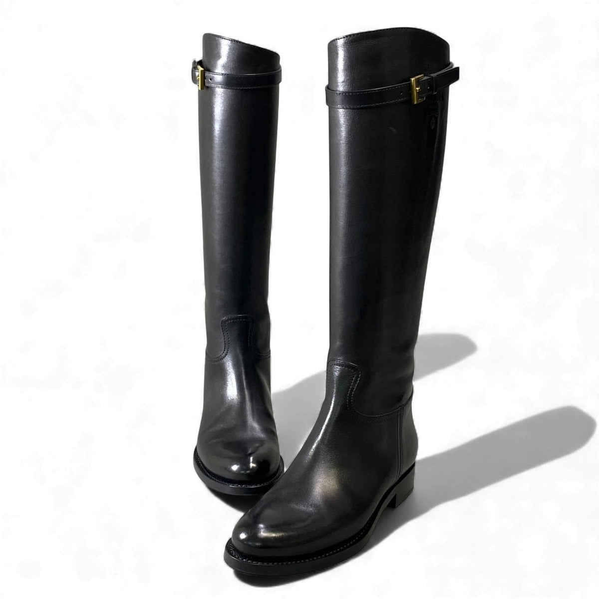 Prada Embossed Logo Long Boots with Buckle Strap 38 Black Leather Shoes Middle — view 5