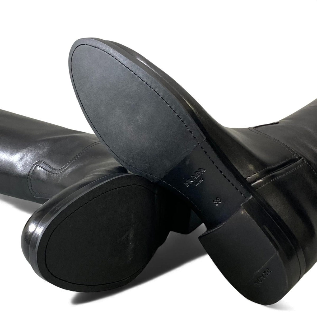 Prada Embossed Logo Long Boots with Buckle Strap 38 Black Leather Shoes Middle — view 7
