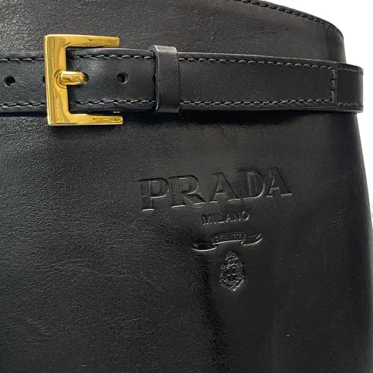 Prada Embossed Logo Long Boots with Buckle Strap 38 Black Leather Shoes Middle — view 8