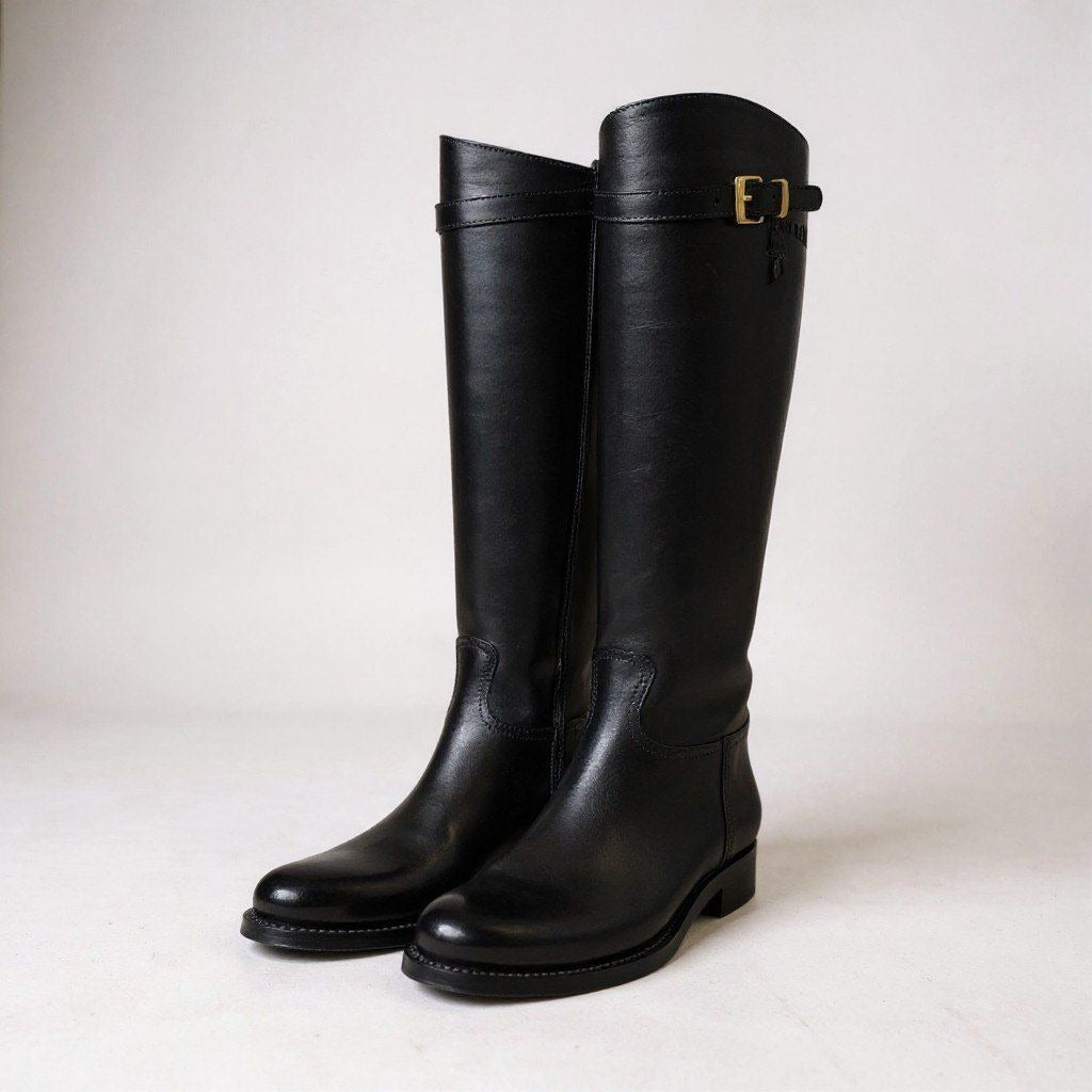 Prada Embossed Logo Long Boots with Buckle Strap 38 Black Leather Shoes Middle