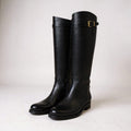 Prada Embossed Logo Long Boots with Buckle Strap 38 Black Leather Shoes Middle