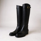 Prada Embossed Logo Long Boots with Buckle Strap 38 Black Leather Shoes Middle