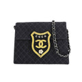 Chanel Quilted Emblem Chain Shoulder Bag Canvas Leather Black Silver