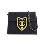 Chanel Quilted Emblem Chain Shoulder Bag Canvas Leather Black Silver
