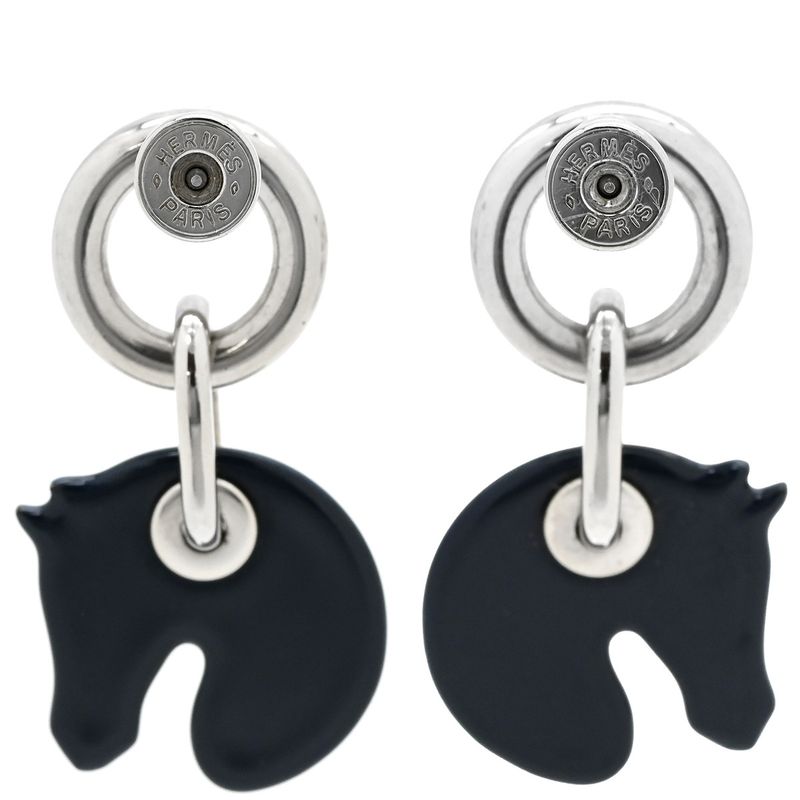 Hermes Earrings Tattersalls Enamel Metal Navy White Horse Print — view 3