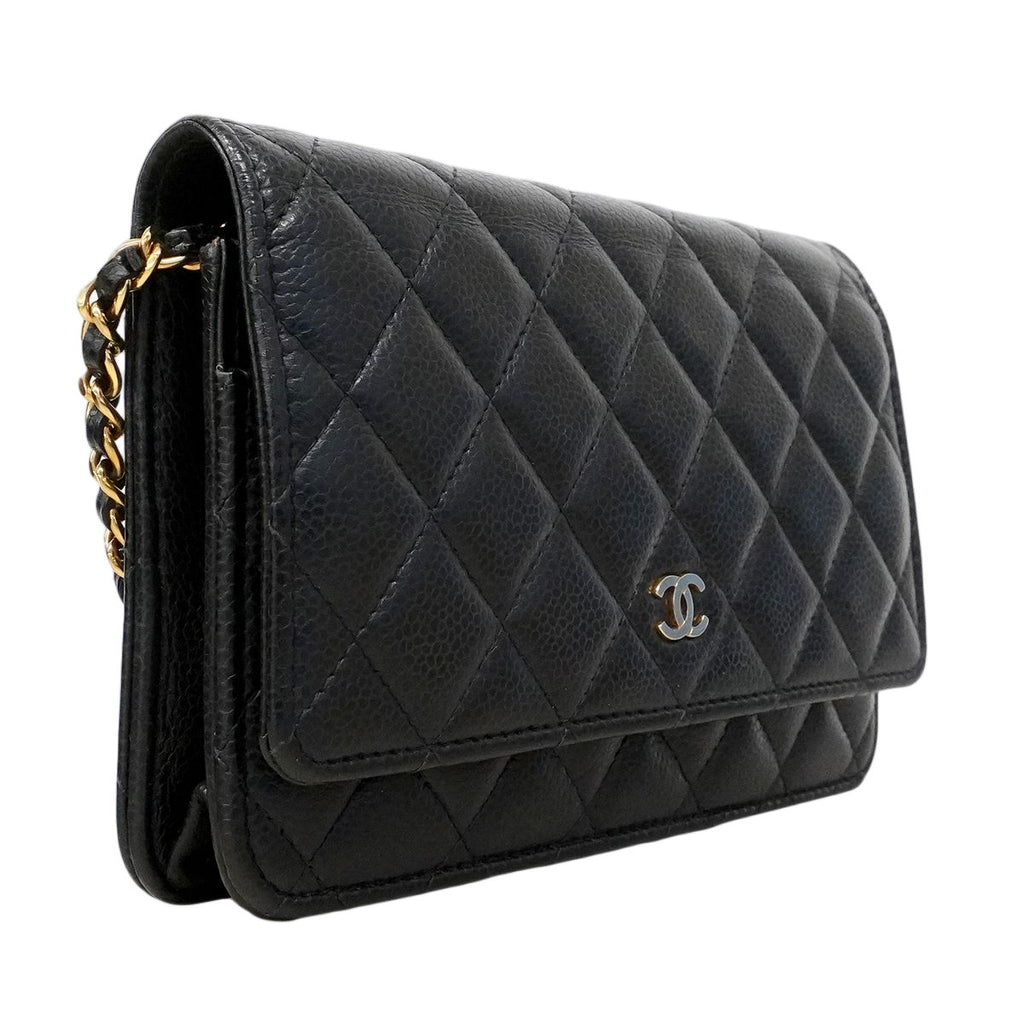 Chanel Shoulder Wallet Quilted Caviar Leather Black Gold — view 2