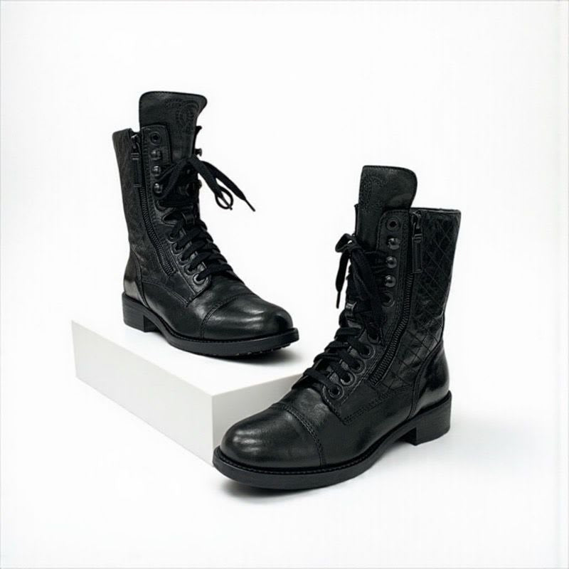 Chanel Boots Short Shoes Leather Black Coco Mark Quilted Logo Lace Up