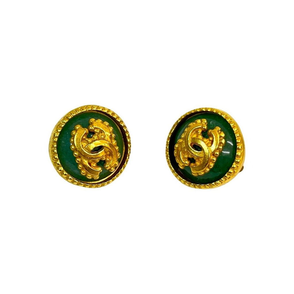 Chanel with Rice Vintage Gripoix CC Logo Earrings Gold Green — view 5