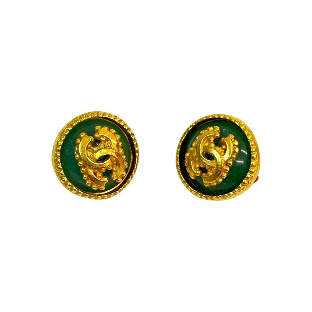 Chanel with Rice Vintage Gripoix CC Logo Earrings Gold Green — view 5