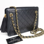 Chanel Chain Bag Black Quilted Fringe Shoulder Vintage Card