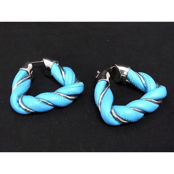 Bottega Veneta Leather SV 925 Twisted Triangle Earrings Light Blue Silver