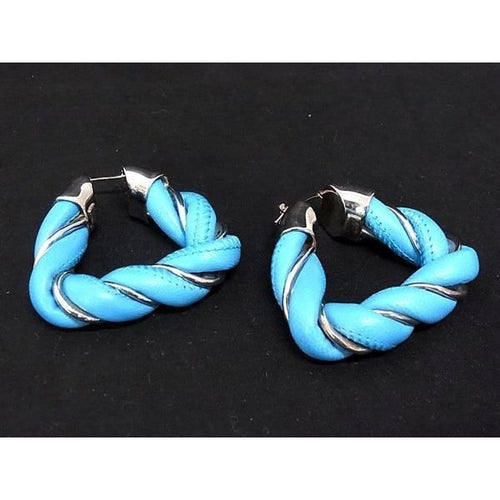 Bottega Veneta Leather SV 925 Twisted Triangle Earrings Light Blue Silver