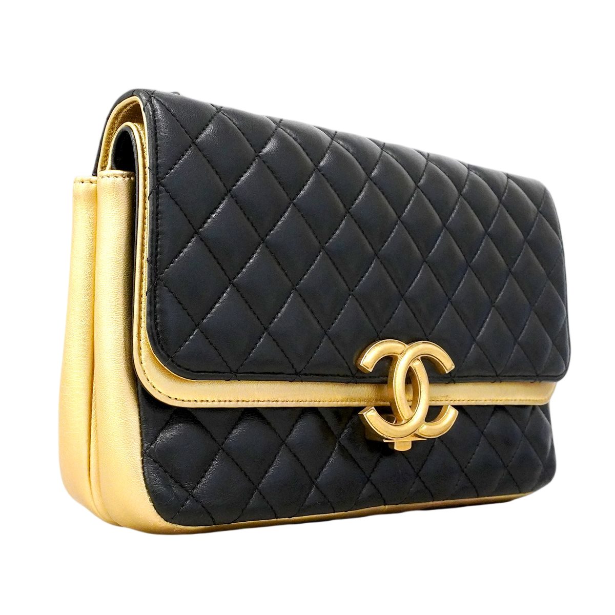 Chanel Shoulder Bag Quilted Lambskin Black Gold — view 2