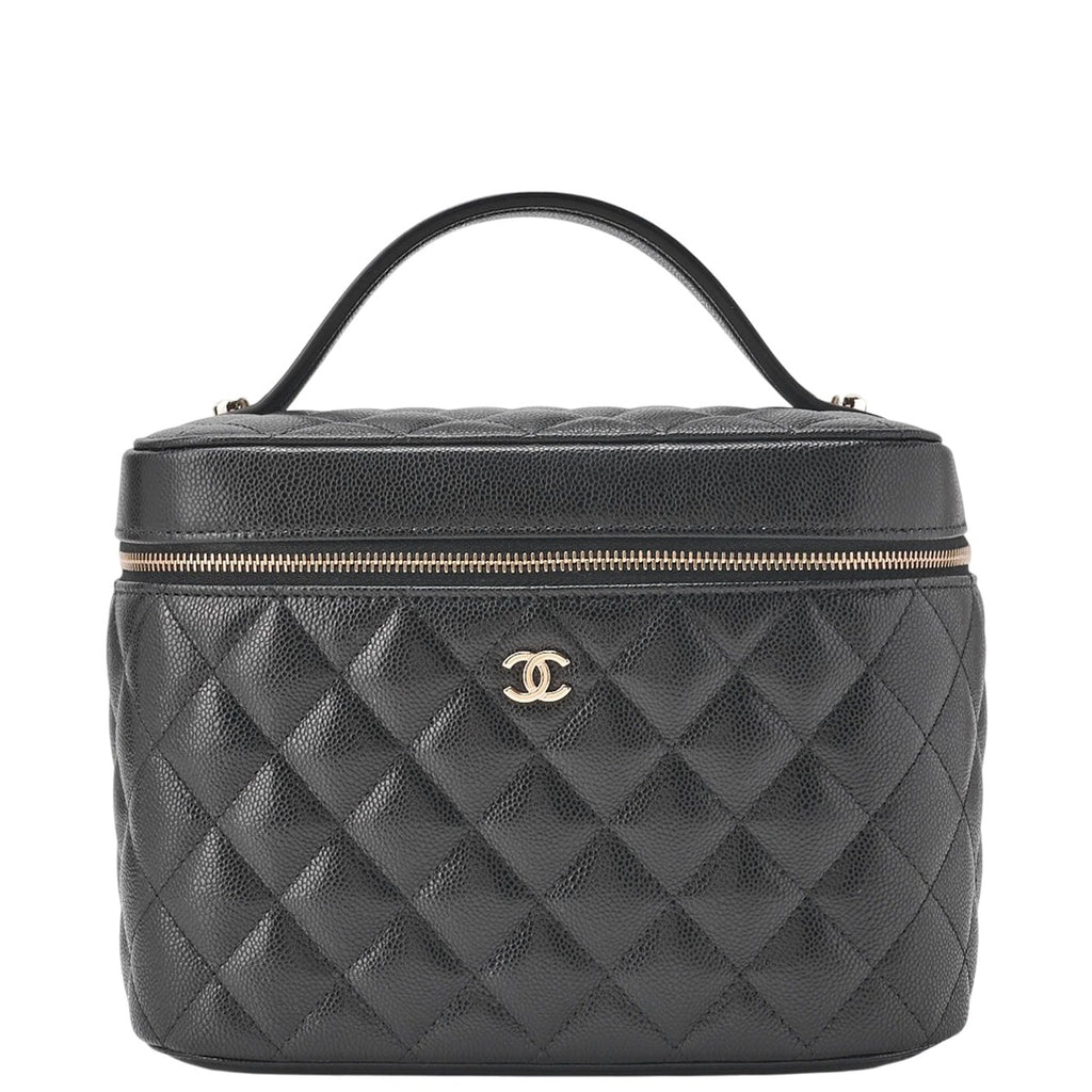 Chanel Quilted Vanity Handbag Caviar Leather Black With Gold Hardware Bag