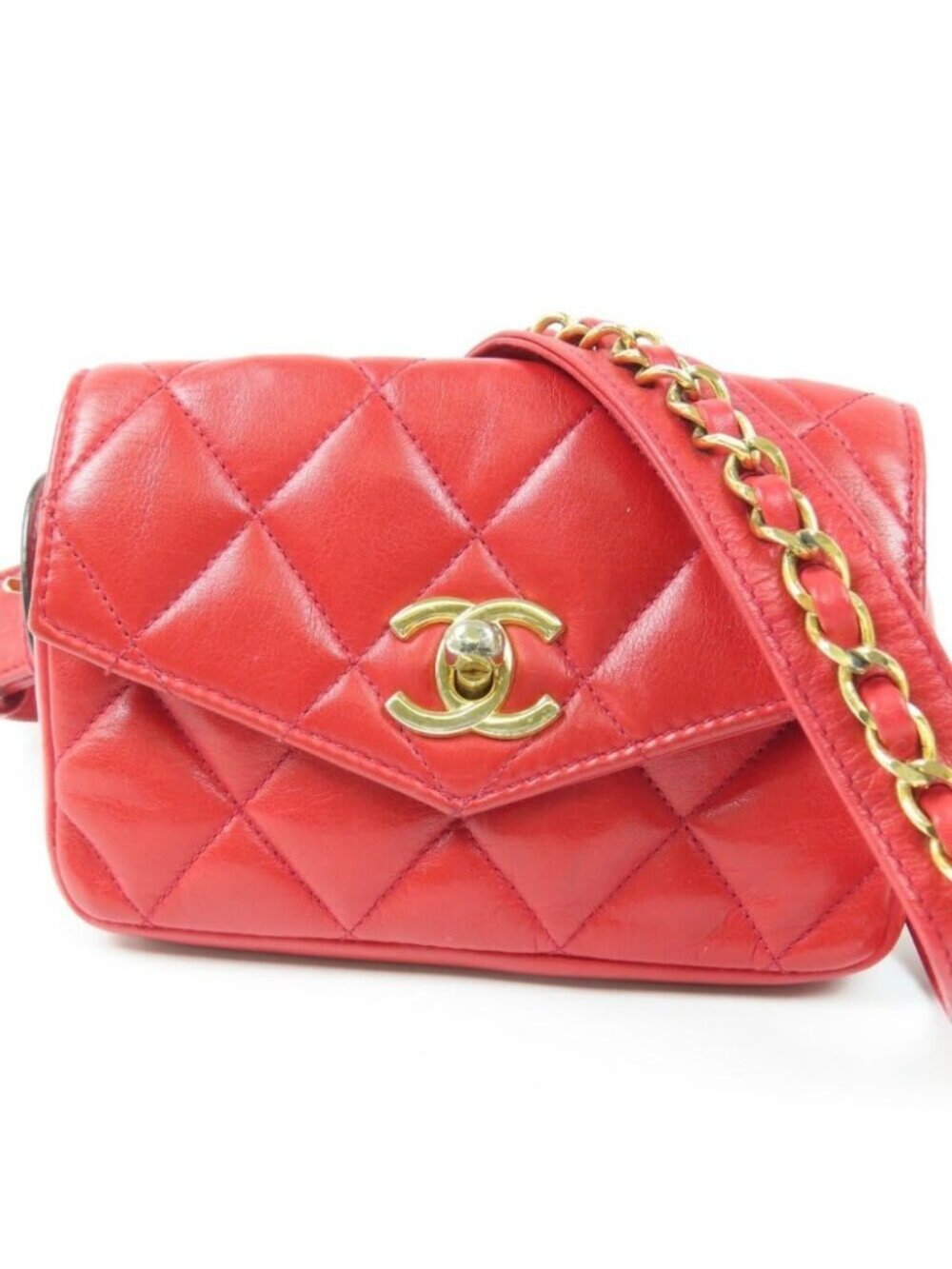 Chanel CC Vintage Quilted Lambskin Waist Pouch Bum Bag Leather Red