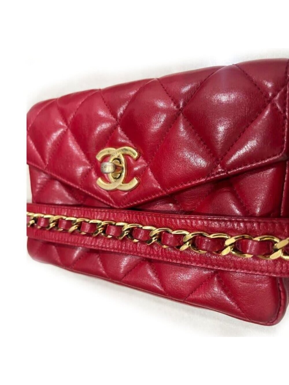 Chanel CC Vintage Quilted Lambskin Waist Pouch Bum Bag Leather Red
