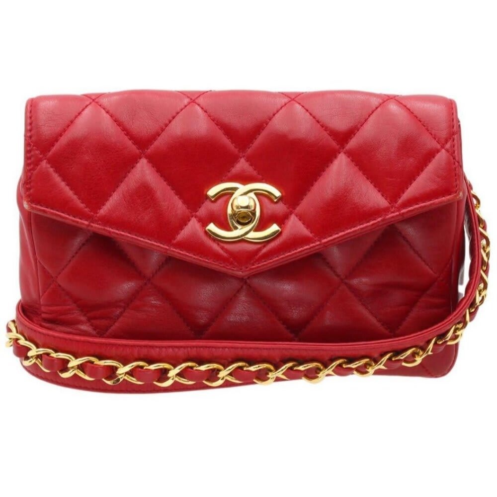 Chanel CC Vintage Quilted Lambskin Waist Pouch Bum Bag Leather Red