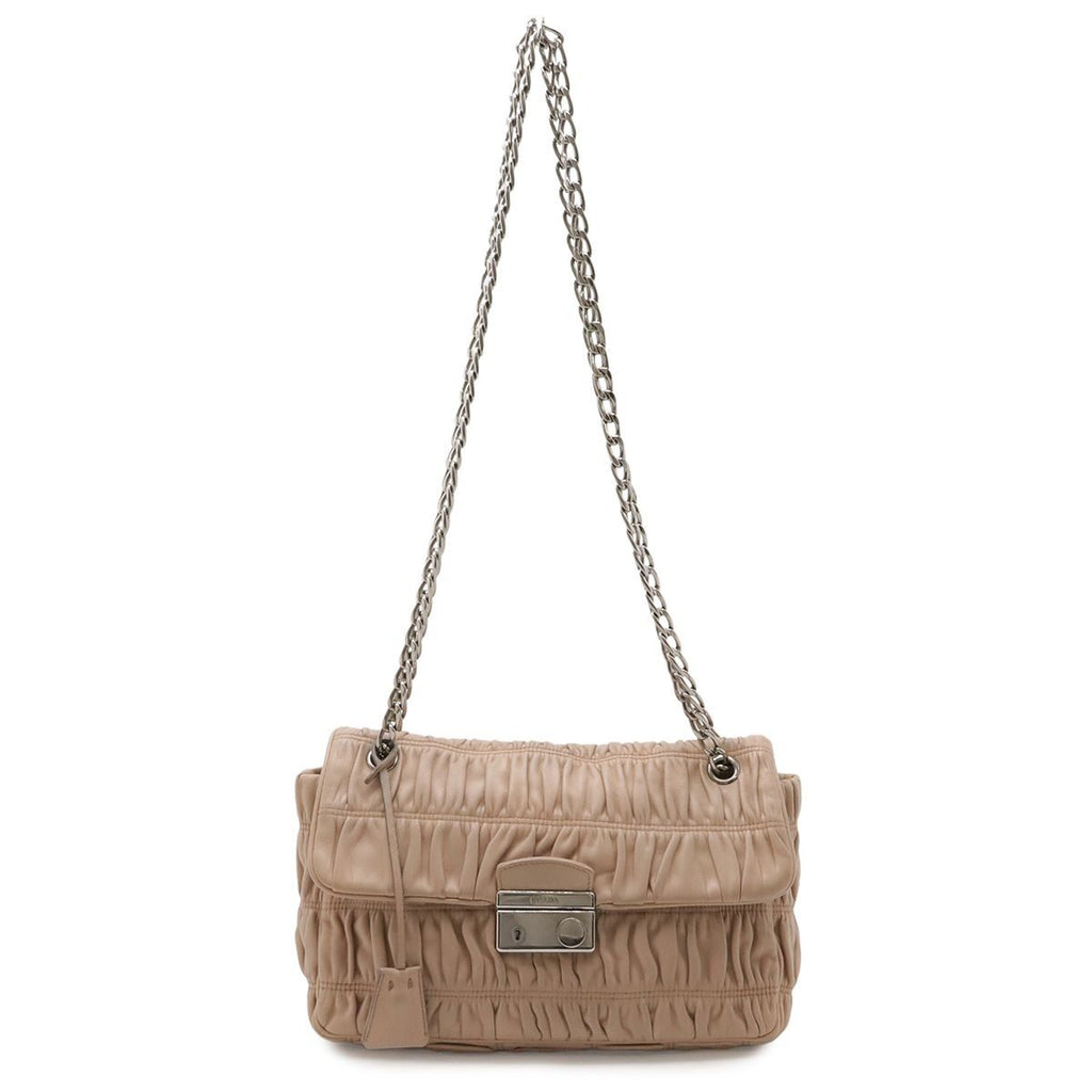 Prada Nappa Gaufre Shoulder Bag Chain Gathered Leather Beige Silver