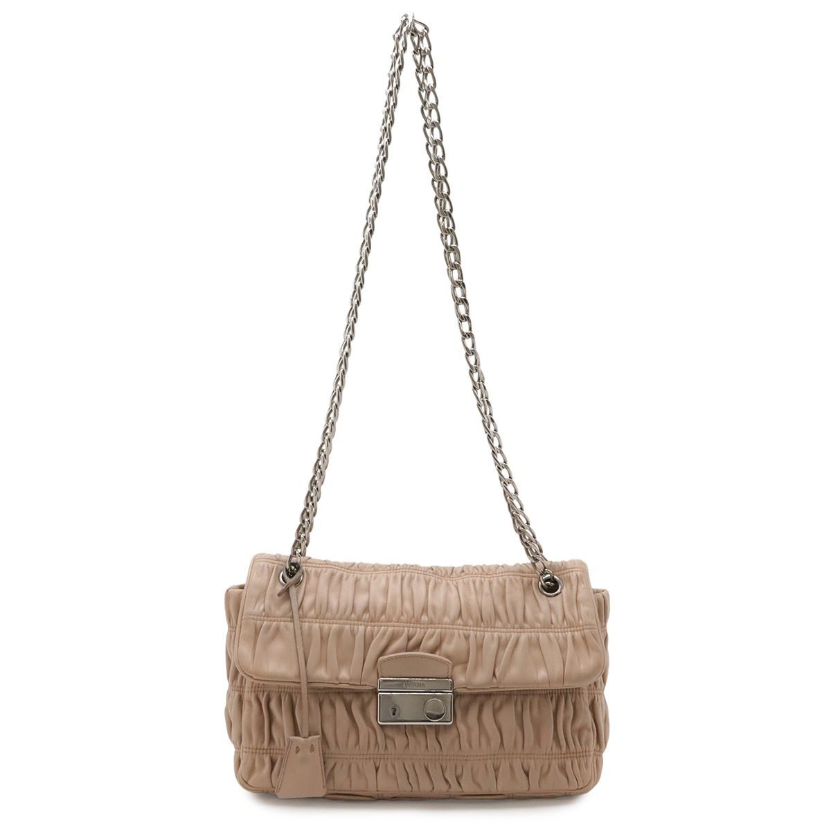 Prada Nappa Gaufre Shoulder Bag Chain Gathered Leather Beige Silver