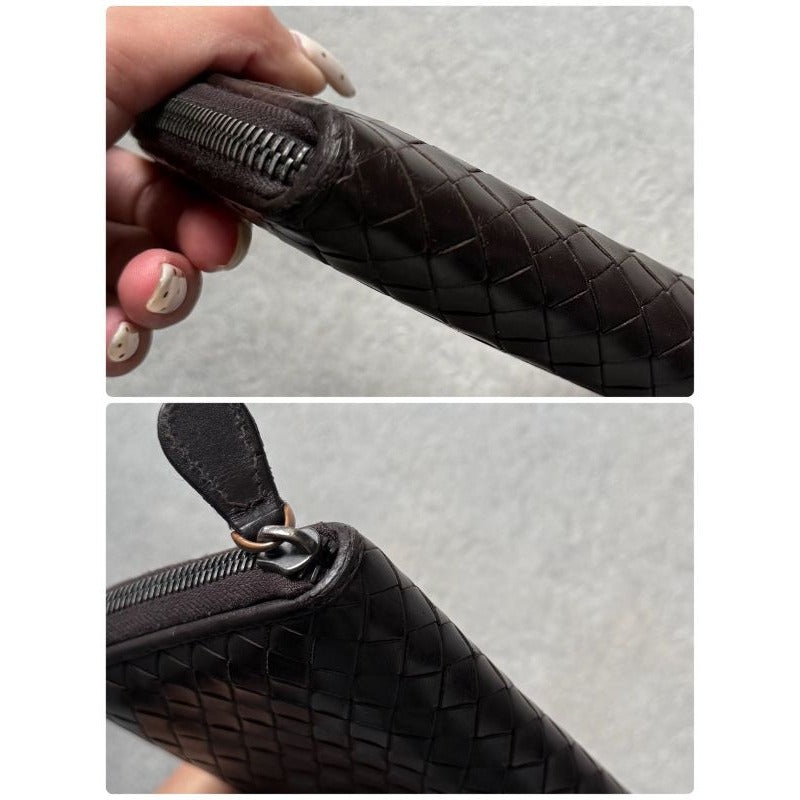 Bottega Veneta Round Zipper Long Wallet Intrecciato Calf Leather Dark Brown Men — view 3