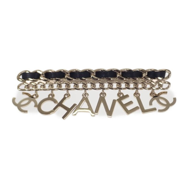 Chanel CC Logo Chain Brooch Metal Leather Gold Black Accessories Cute